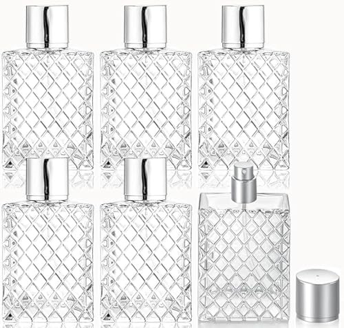 DMuuuDM Refillable Spray Perfume Bottles,6 Pack 100ml Glass Fine Mist Spray Bottle,Empty Travel Square Clear Glass Replacement Container Dispensers for Essential Oil,Cologne-Funnels,Pipette Included
