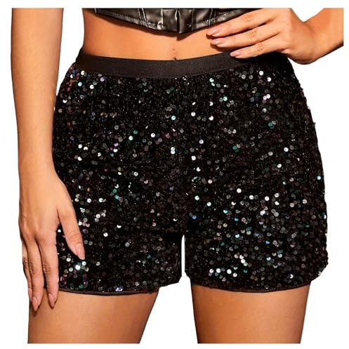 KBOPLEMQ Damen Pailletten Short Glitzer Party Shorts Silber Short mit Pailletten Einfarbige Party Shorts Freizeitshort für Nacht Club Festivals Outfits Baggy Glänzend Kurz Hose
