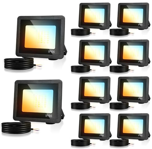 Herrselsam LED Strahler, 10x50W LED Fluter Dimmbar, 4600 Superhell Flutlichtstrahler, IP66 Wasserdicht 3 Farbtemperatur 3000K/4000K/6500K Außenstrahler (kein Stecker)