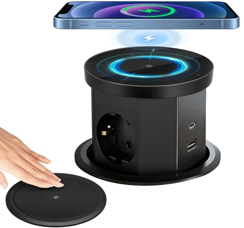 Neulriscn Bloc Prise Encastrable Plan de Travail Multiprise Encastrable, Prise de Table Escamotable 3 Prises avec 1 USB C 1 USB A - Prise de Table Rétractable - avec Chargeur sans Fil (Noir)