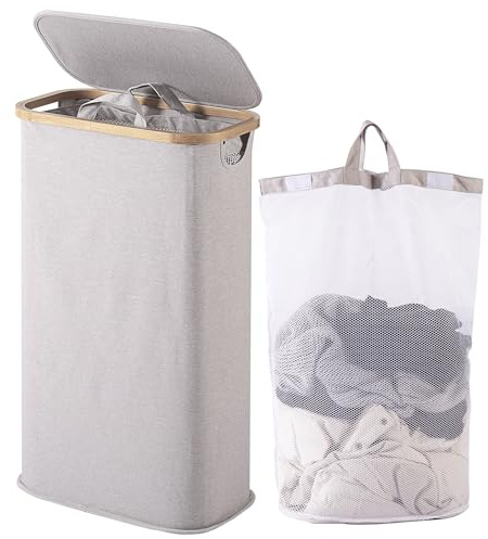 Vencier 60L Slim Laundry Hamper with Lid, Narrow Foldable Laundry Basket with Removable Bag & Bamboo Handles, Thin Dirty Clothes Hamper for Bathroom, Bedroom, Dorm (Light Grey, 60L)