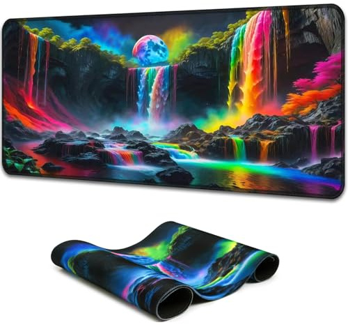 Simpkeely Gaming Mauspad Groß XXL Fantasy Wasserfall – Schwarzlicht Mausmatte Leuchtend Wasserdicht, rutschfeste Gummibasis, Große Schreibtischunterlage für Büro & Zuhause – 80 x 30 cm