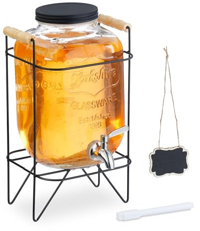 Relaxdays Dispensador Bebidas con Soporte, Recipiente Limonada 5 L, Grifo Acero Inoxidable y Tapa, Cristal, Transparente