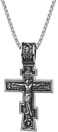 OIDEA Collana Croce Ortodossa Uomo: Ciondolo Gesù Cristiano in Acciaio Inossidabile Vintage Gioielli Religiosi Ipoallergenici - Per Amuleti Preghiere Battesimi Comunioni Regali, 6.9cm, Acciaio