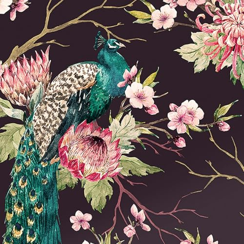 Decotalk Papier Peint Adhesif Mural Noir Motif Floral Rose Et Paon Vert 44.5x300cm Adhesif Pour Meuble Noir Imperméable Papiers Peints Vintage Pour Chambre Salon Couloir Mur Film Vinyle Lavable