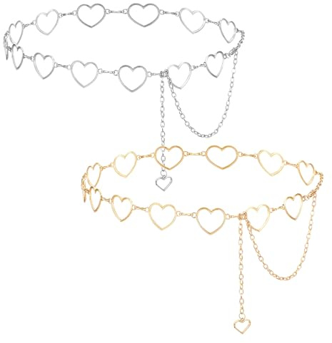 Kettengürtel Silber, Verstellbare Y2k Gürtel, 2 Stück Herz Taillenkette Gürtel, Damen Punk Kettengürtel Taillenkette, Damen Glitzer-Gürtel Für Kleider Jeans