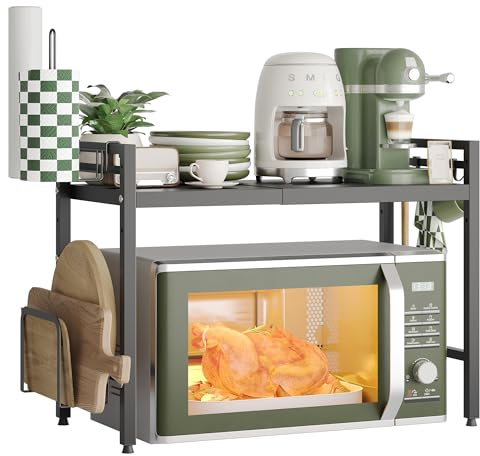 NETEL Erweiterbares Mikrowellen Regal,küchenregal arbeitsplatte stehend | Regal küchen organizer für Backofen,kaffeemaschine&aufbewahrung,Kohlenstoffstahl,8 Haken,Schneidebretthalter,2 stufig,Schwarz