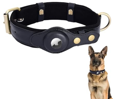 LiRui.R AirTag Hundehalsband Leder Strapazierfähiges verdicktes Plüsch Einstellbare Verlustprävention Tracker Schutzhülle Perfekte Passform Airtag für kleine mittlere und große Hunde(Schwarz,L)