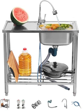 Fregadero Exterior Jardin Fregadero de servicio independiente, fregadero de servicio, fregadero de acero inoxidable, fregadero de lavandería independiente de un solo tazón con banco de traba