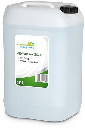 Alpenland VE-Wasser | 10L Kanister | Vollentsalztes Wasser (Demineralisiertes Wasser) für Heizungsanlagen, destilliertes Wasser Alternative | Ideal als Hezungswasser für Wärmepumpen & Solaranlagen