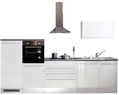 JAZZ 4 Küchenzeile mit Elektrogeräten Küche in Weiß Hochglanz Metallic Grau | 320 x 200 x 60 cm (B/H/T), Küche mit Elektrogeräten, Einbauküche mit Geräten, geräumig, mit viel Stauraum, modernes Design