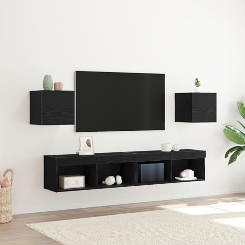 Pangshiyuan Set di 2 armadi da parete per TV, in legno, 2 porte, montaggio a parete, per soggiorno, rovere nero, 30,5 x 30 x 30 cm