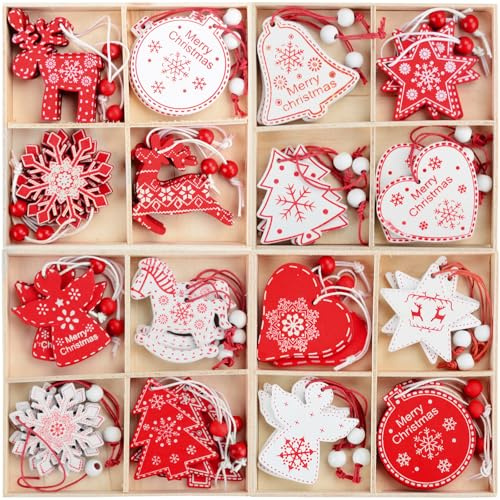 48 Pièces Décoration Sapin de Noel Bois, 16 Motifs Deco Sapin de Noel Rouge et Blanche, Christmas Decorations avec Corde, Pendentifs à Suspendre pour Décoration Arbre Noël, Bricolage Noel