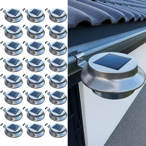 BURI Lot de 24 lampes solaires de gouttière en acier inoxydable - Lampe d'extérieur LED blanc chaud - Lampes solaires résistantes aux intempéries IP44 - Éclairage de jardin sans fil avec capteur