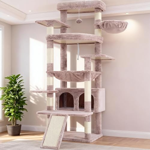 Heybly Kattklätterträd 202 cm - Stort Kattklättringsträd med 2 Extra Stora Plattformar, Kattkoja, Korg, Sisalrep, Klösbräda & Hängmatta för Vuxna Katter i, Brun beige Färg HCT038MU
