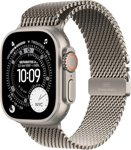 Apple Watch Ultra 3 GPS + Cellular 49 mm Premium Smartwatch für Lauftraining und Kombinationssport mit robustem Titangehäuse in Natur und Milanaise Armband in Natur (Medium)