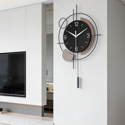 Wall Clock with Pendulum, Silent Quartz Movement Battery Operated, Metal frame&MDF Board clock face Design, Large Wall Clock for Living Room Kitchen Home Bathroom Bedroom Wall Decor,12.9x21.2IN(Black)