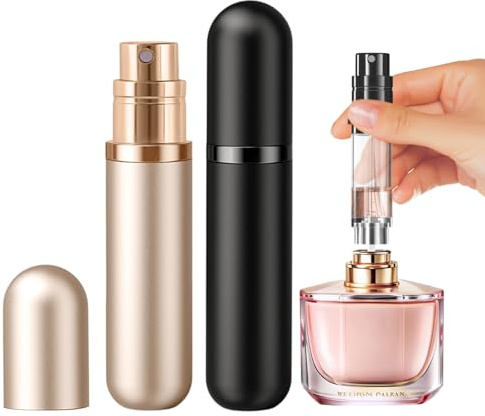 JOOMOKO Perfume Atomiser, Perfume Travel Bottle 5ml Atomiser Spray Bottle, Refillable & Travel Size Perfume Spray Bottle Easy to Refill Cologne Dispenser for Women Men (Black＆Gold)