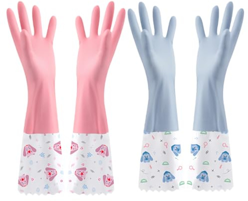Sumneo Haushaltshandschuhe – Spülhandschuhe für Geschirrspülen, Reinigung & Haushaltsarbeiten – Extra Langschutzärmel, Wasserdicht & Gefüttert mit Wärmeschutz (Pink blue opening)