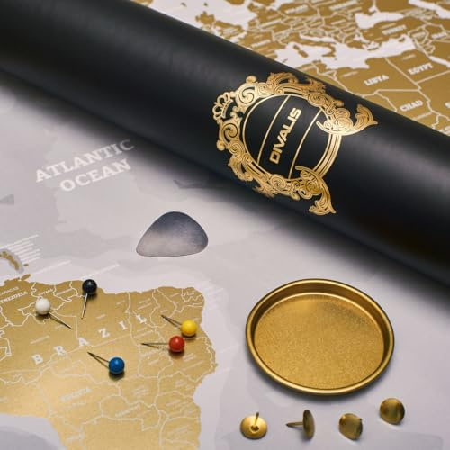 Rubbel-Weltkarte – XL Extra Großes Gold-Weißes Rubbel-Weltkartenposter – Hochwertige Laminierte Reisekarte – Elegante Goldene Weltkarte als Geschenk – Komplettes Zubehörset Enthalten