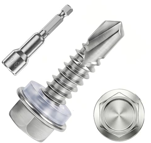 ZKAILCF Vis Autoforeuse Metal Inox 410 Vis Autoperforante 6.3x25mm 60Stk avec Rondelles D'étanchéité EPDM Fixation étanche et 1 Douilles Hexagonale pour Metal Bac Acier Bois Tôle Placo Toiture
