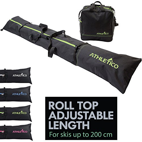 Athletico Zweiteilige Ski- und Bootstasche Combo | Lagern und transportieren Sie Skier bis 200 cm und Schuhe bis Größe 13 | Enthält 1 Skitasche und 1 Skischuhtasche (Schwarz mit Grünem Rand)