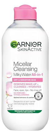Garnier Micellar Cleansing Water For Dry Skin 400 ml, Milky Face Cleanser and Makeup Remover, Fragrance Free, Recognised By The British Skin Foundation, Use With Reusable Micellar Eco Pads