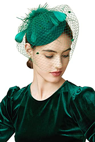 Coucoland Fascinators 1920 Fascinator Hut Damen Feder Blumen Mesh Elegant Hochzeit Fascinator Haarreif Cocktail Tee Party Accessoires (Dunkelgrün)