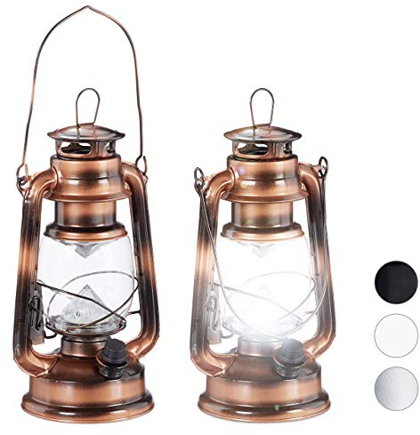 Relaxdays 2X Lampe-tempête LED, Lanterne Retro comme décoration de fenêtre ou de Jardin, à Piles, cuivre