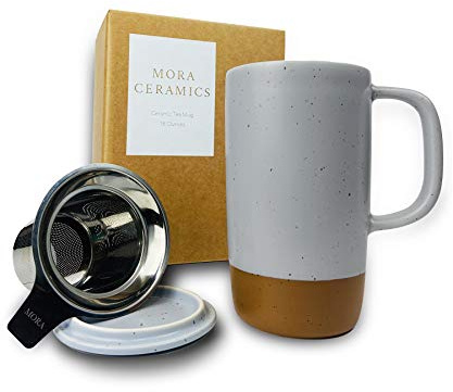 Mora Ceramics Large Tea Mug with Loose Leaf Infuser and Ceramic Lid, 18 oz, Portable, Microwave and Dishwasher Safe, Tall Coffee Cup - Rustic Matte Ceramic Glaze, Modern Herbal Tea Strainer, Sleet