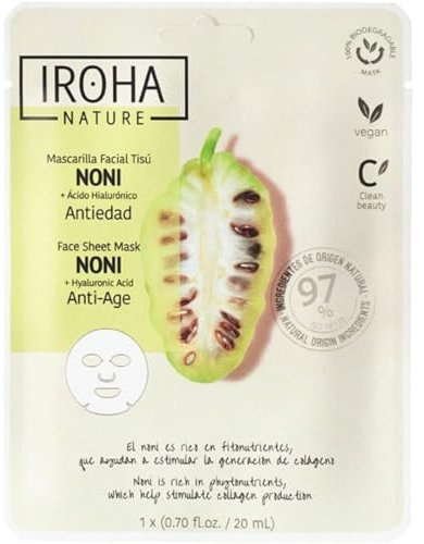 Iroha Nature - Mascarilla Facial Antiedad con Noni y Ácido Hialurónico | Nutrición y Regeneración | 97% Ingredientes Naturales | Mascarilla Hidratante Facial Vegana y 100% Biodegradable