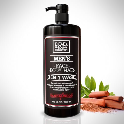 Dead Sea Collection Gel Douche 3 en 1 pour Hommes – Body Wash à l'Huile de Bois de Santal et au Sel de la Mer Morte – Soin Lavant, Shampooing et Nettoyant Visage (1000 ml.)