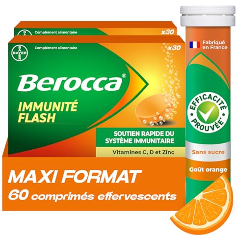 Berocca Immunité Flash - Soutient Système Immunitaire - Complément Alimentaire Immunité - Zinc, Vitamine D & C - Multivitamines et Minéraux - Goût Orange - Maxi Format 60 Comprimés Effervescents