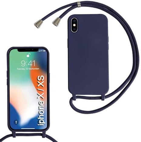 MBSLFY Silikon Handykette für iPhone X/iPhone XS Hülle mit Band, Silikon Necklace Handyhülle mit Abnehmbar Kordel zum Umhängen Stossfest Bumper Handy Schutzhülle für iPhone X/iPhone XS, Navy blau