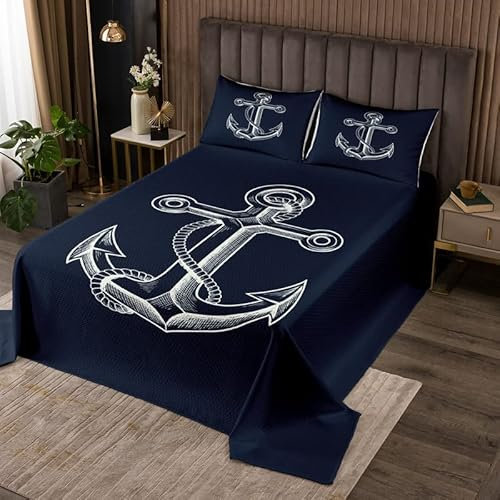 Homemissing Set di copriletto nautico con ancora decorazione trapuntata copriletto per bambini ragazzi ragazze decorazione camera oceano costiero coperta mare avventura 3 pezzi matrimoniale