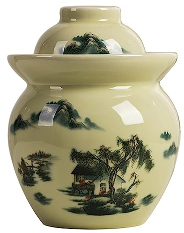 QPZK Fermentation Jar Traditional Chinese Porcelain Pickle Jar,Ceramics Fermenting Crock Kit With Water Seal Airlock Lid, Pickle Jar for Pickles Kimchi, Sauerkraut 1.5kg