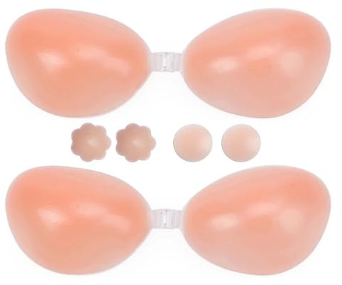 Boolavard Super Sticky Push Up Bras, 2 Pack Invisible Silicone Bra for Women Wedding Dresses Reusable with 4Pcs Nipple Covers (UK, Cup & Band, A)