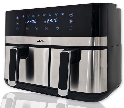 DMS® 10L Doppelkammer-Heißluftfritteuse | 6/4 L Fassungsvermögen | zwei unabhängige Schubladen | 8 automatische Programme | energiesparend | Schwarz Fritteuse Heißluft Ofen Digitale Fritteuse