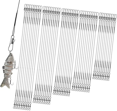 Realure 50Pcs Stainless Steel Fishing Leaders with Swivels Snap Connect Kit High Strength Fish Line Wire Leaders for Fishing Saltwater 4/6/8/10/12inch Fishing Wire Leader Line for Lure Bait Rig Hooks