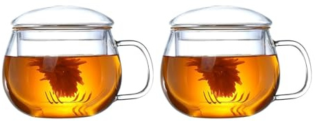 Aurfedes Teetasse mit Steiler und Deckel, hitzebeständiges Borosilikatglas, klare Teetasse für losen Tee, blühenden Tee und Teebeutel, ideal für Teeliebhaber (2 Stück)