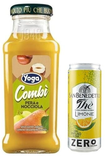 24er-Pack Yoga Pera e Nocciola,Fruchtsaft mit Birnen- und Haselnuss,Erfrischendes Getränk, 200ml Einweg-Glasflasche + 1er-Pack Kostenlos San Benedetto Eistee mit Zitrone Ohne Zucker 330ml Dose