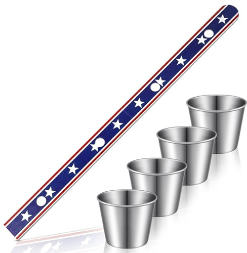 MiniInflat Shot Board Stainless Shot Glass Set Board with 4 Stainless Steel Glasses Vintage Drinking Ski Party Decorations Glass for Family Reunion Winter Christmas Party, Steel