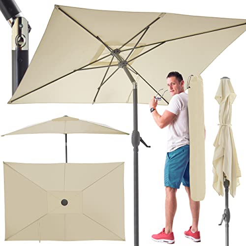 TOM rechteckiger Sonnenschirm mit Schutzhülle und Kurbel für Balkon, Garten & Terrasse – großer 140 x 210 cm Gartenschirm Schirm in Anthrazit oder Beige – 45° knickbar (Beige)
