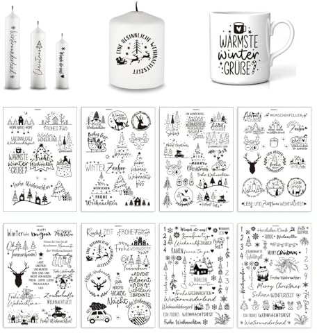 Kerzentattoos Weihnachten, 8 Stück Rub on Sticker Weihnachten, DIY Weihnachten Deko Aufkleber, Rub on Folie Transferaufkleber Für Kerzen Möbel Fenster Glas Tassen (8 Stück-A)