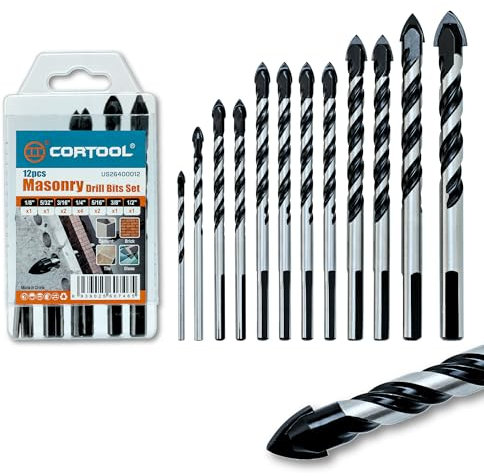Masonry Drill Bits Set, Drill bits for Tile, Brick, Cement, Glass, 12Pcs Concrete Drill Bit Set, Size 1/8,5/32,3/16 x2,1/4 x4,5/16 x2,3/8,1/2, Carbide Drill Bits Tip