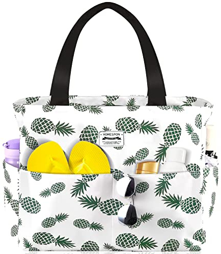 HOMESPON Large Waterproof Beach Tote Bag for Women with Zip and Pockets Foldable Handbag for Travel Pool Shopping Holiday Gym-Pineapple