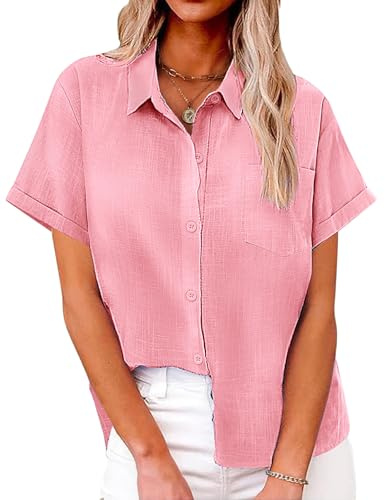 Niwicee Blusas Mujer Verano Camisa Manga Corta Cuello en V Botón Camisa Casual de Algodón Camisas Básicas de Color Sólido Elegantes Camisa Suelta con Cuello de Solapa y Bolsillo (Rosa, M)