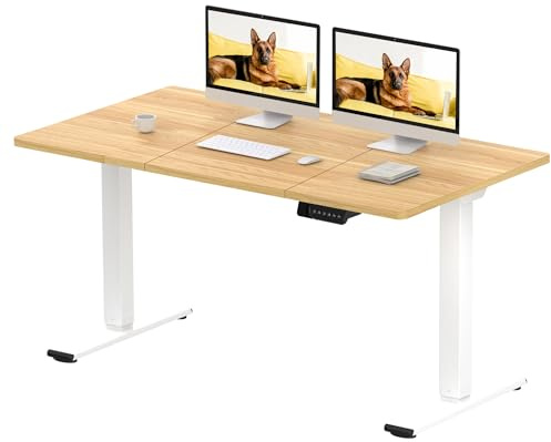 SANODESK Höhenverstellbarer Schreibtisch 140×70 cm – Elektrischer Standing Desk mit Dualmotor, Stabiler Sitz-Steh-Tisch für Home Office und Büro(weiß+ahorn)