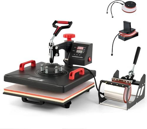 CREWORKS Heat Press Machine, 38×38 cm 5 in 1 Heat Press with Digital Control, Swing Away Multipurpose T Shirt Press Machine with Dual Heating Tubes for Mug Plate Hat Cap