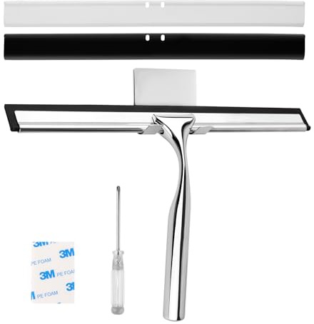 Bigkego Estrattore doccia in acciaio inox, 25 cm, con 2 estrattori in gomma di ricambio e ganci autoadesivi da parete per bagno, piastrelle, finestre, specchio auto